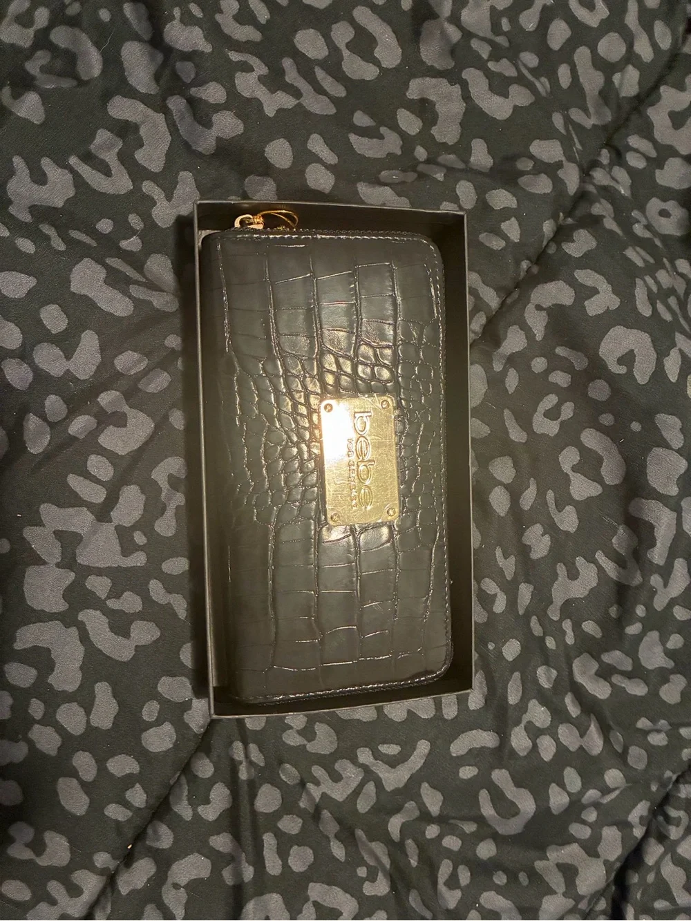 bebe Black Croc-Embossed Zip Wallet with Gold Plate